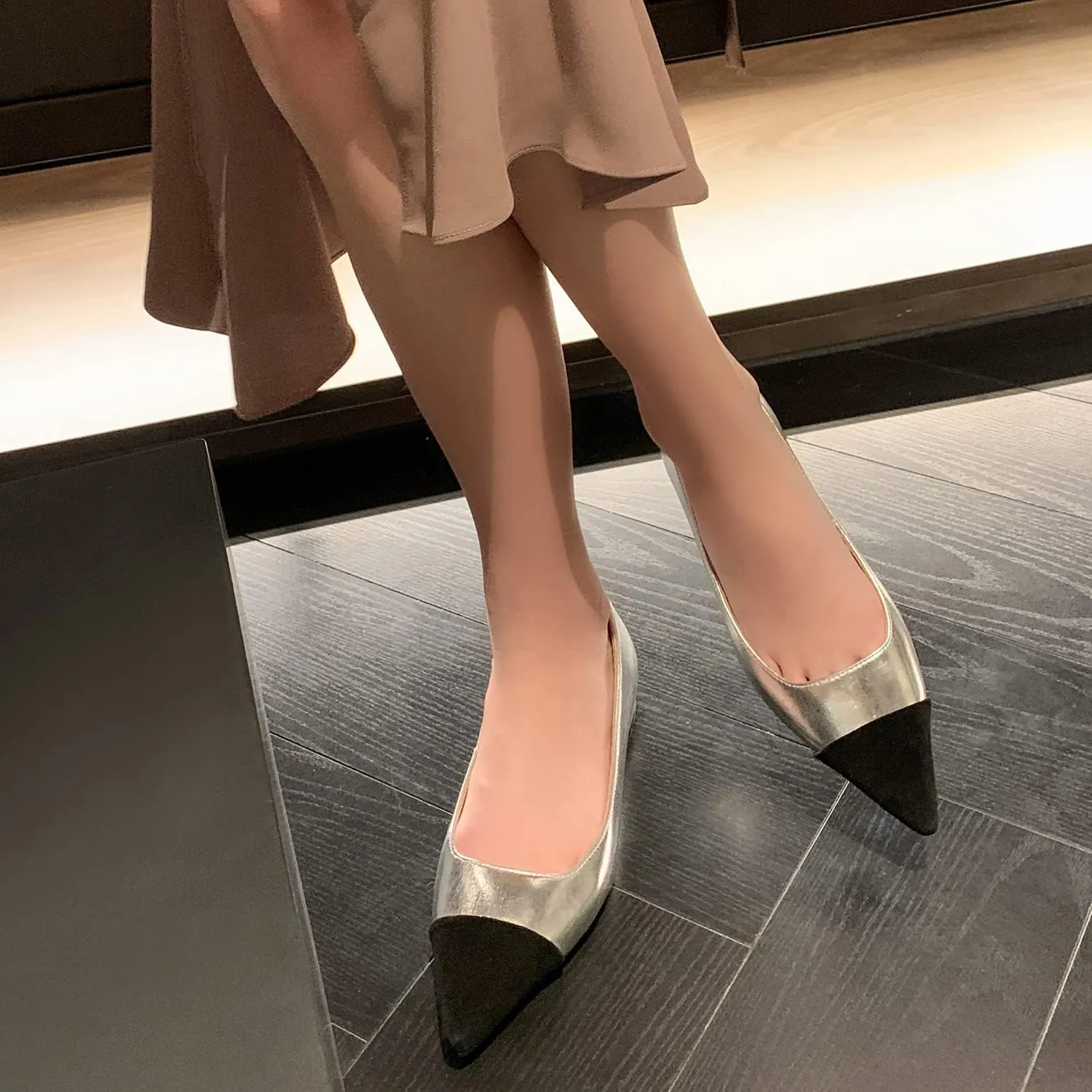 SHODENSE Women Casual Cap Toe Flats Slip on Pointed Toe Ballet Flats Two Tone 0.5" Low Flat Heel Pumps Comfort Colorblock Basic Flat Dress Shoes Work Chic Driver Flats Fall 4-11 M US