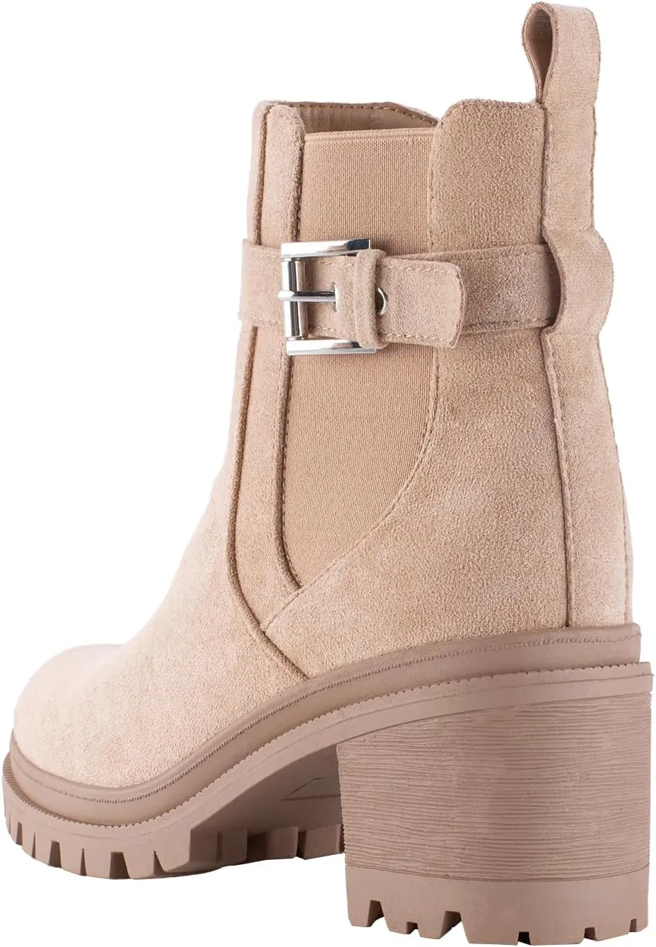 Shoe'N Tale Chelsea Boots for Women Ankle Boots Lug Sole Mid Chunky Heel Platform Round Toe Buckle Slip On Elastic Fashion Comfortable Booties