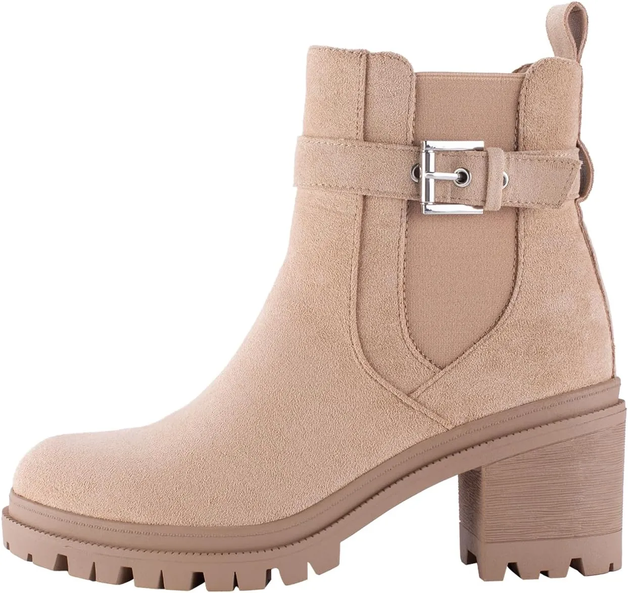 Shoe'N Tale Chelsea Boots for Women Ankle Boots Lug Sole Mid Chunky Heel Platform Round Toe Buckle Slip On Elastic Fashion Comfortable Booties