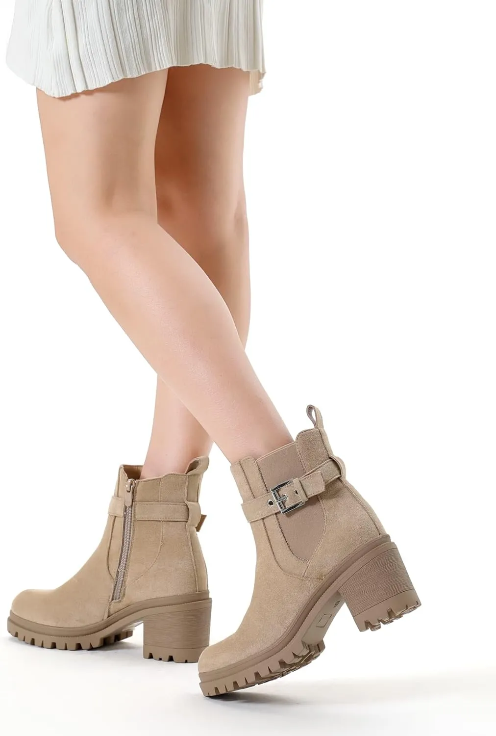 Shoe'N Tale Chelsea Boots for Women Ankle Boots Lug Sole Mid Chunky Heel Platform Round Toe Buckle Slip On Elastic Fashion Comfortable Booties