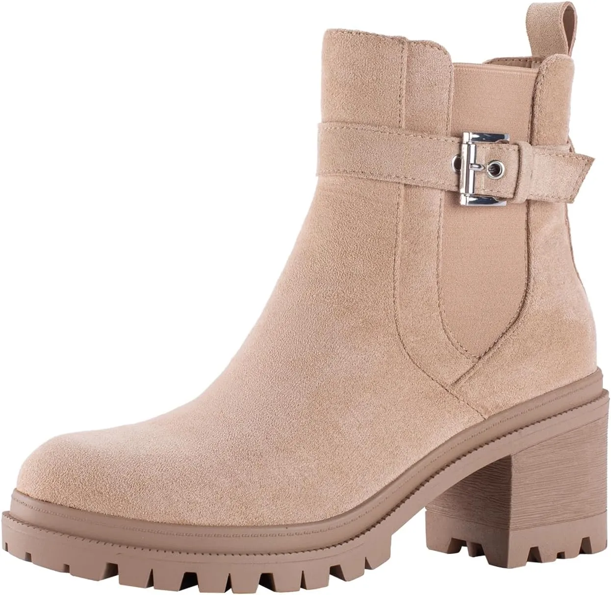 Shoe'N Tale Chelsea Boots for Women Ankle Boots Lug Sole Mid Chunky Heel Platform Round Toe Buckle Slip On Elastic Fashion Comfortable Booties