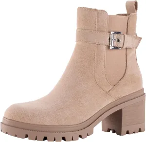 Shoe'N Tale Chelsea Boots for Women Ankle Boots Lug Sole Mid Chunky Heel Platform Round Toe Buckle Slip On Elastic Fashion Comfortable Booties