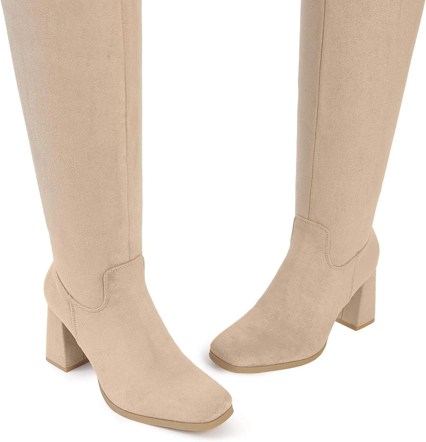 Shoe'N Tale Knee High Boots for Women Square Toe Tall Boots High Chunky Block Heeled Side Zipper