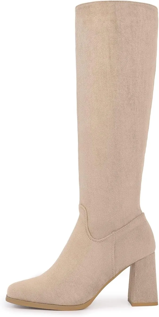 Shoe'N Tale Knee High Boots for Women Square Toe Tall Boots High Chunky Block Heeled Side Zipper