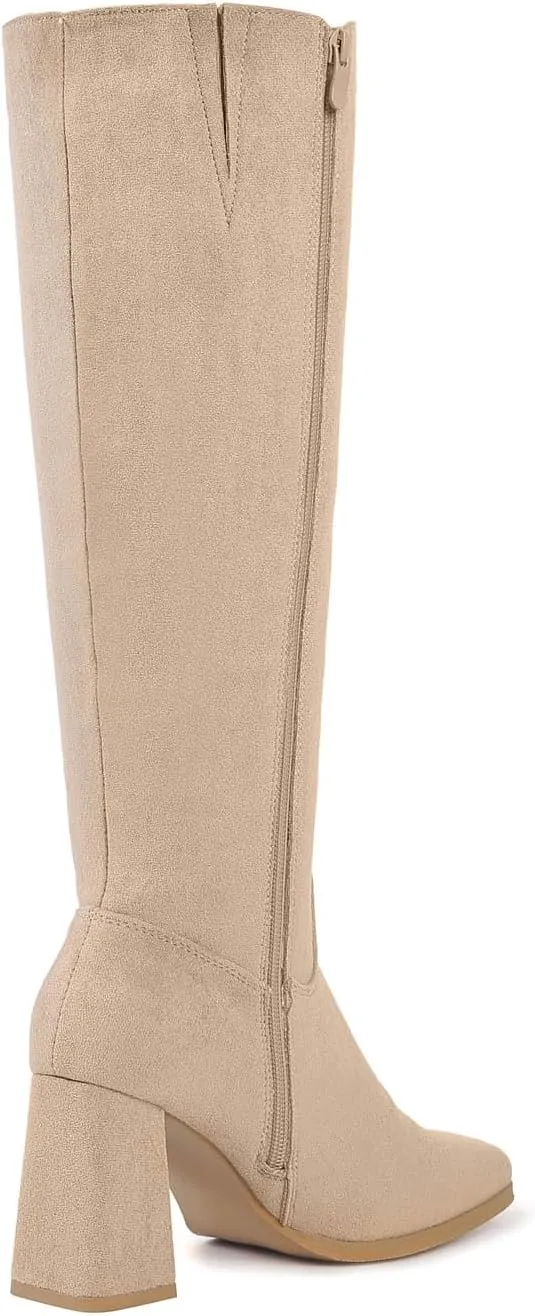 Shoe'N Tale Knee High Boots for Women Square Toe Tall Boots High Chunky Block Heeled Side Zipper