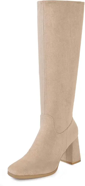 Shoe'N Tale Knee High Boots for Women Square Toe Tall Boots High Chunky Block Heeled Side Zipper