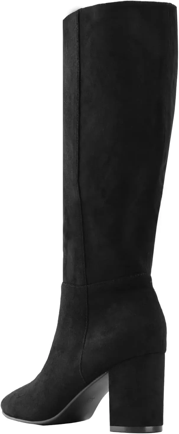 Shoe'N Tale Mid Calf Boots for Women Wide Calf Knee High Boots Chunky Block Heel Fall Winter Pointed Toe Boots