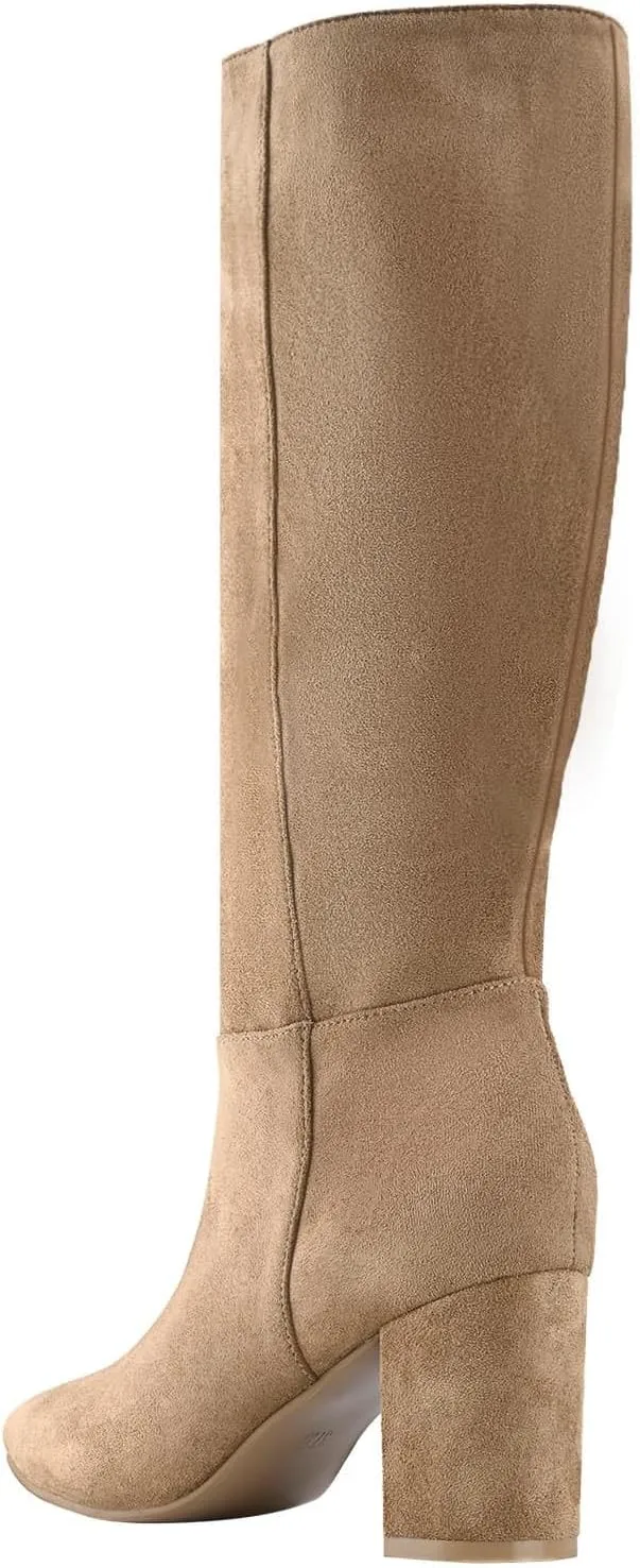 Shoe'N Tale Mid Calf Boots for Women Wide Calf Knee High Boots Chunky Block Heel Fall Winter Pointed Toe Boots