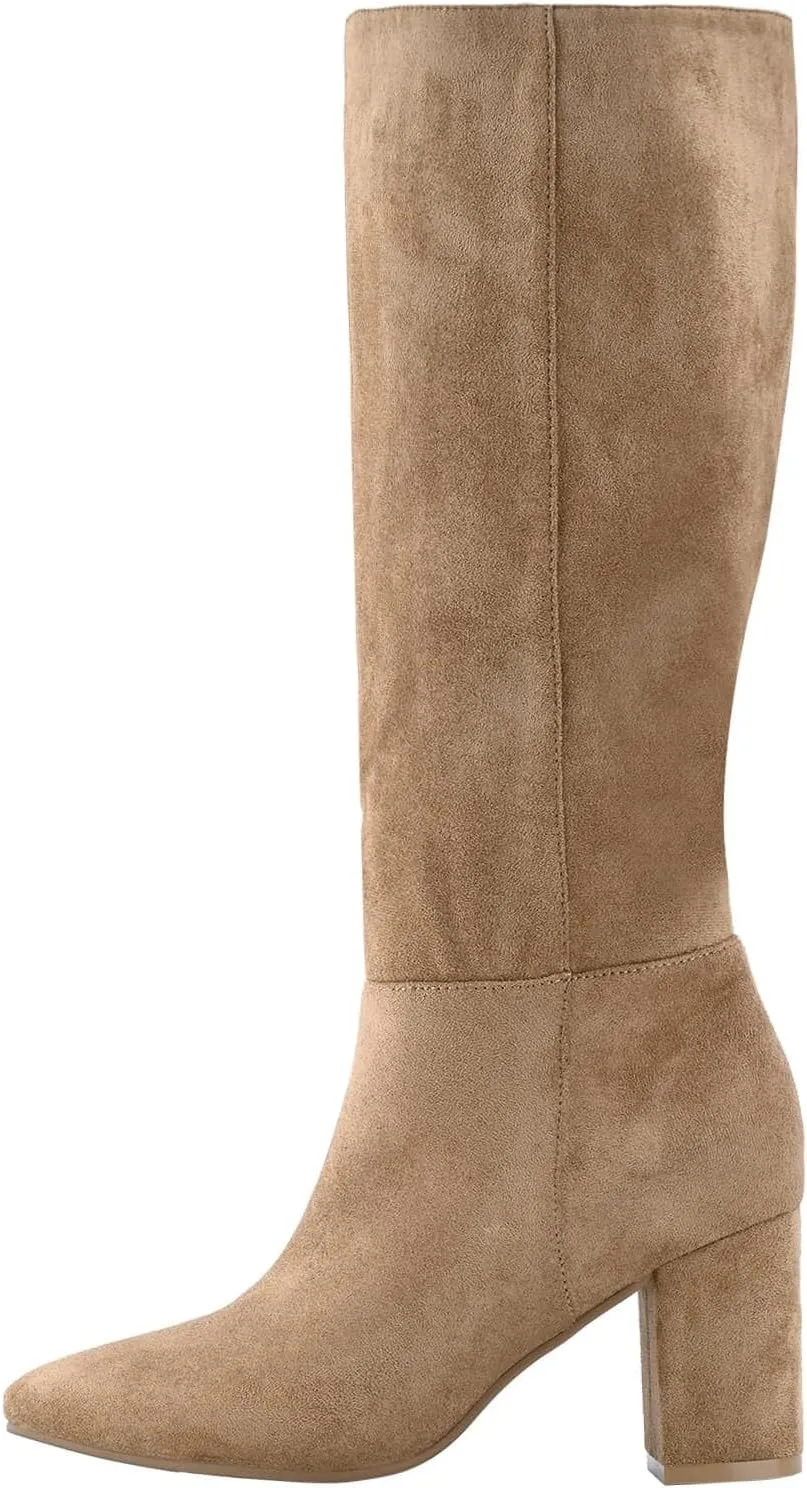 Shoe'N Tale Mid Calf Boots for Women Wide Calf Knee High Boots Chunky Block Heel Fall Winter Pointed Toe Boots