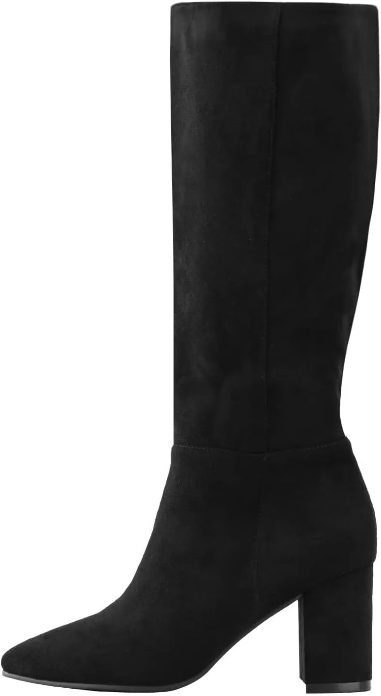 Shoe'N Tale Mid Calf Boots for Women Wide Calf Knee High Boots Chunky Block Heel Fall Winter Pointed Toe Boots