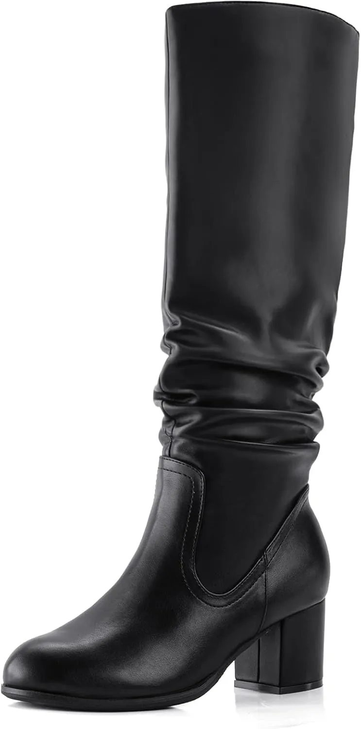 Shoe'N Tale Women's Knee High Boots Chunky Heel Pointed Toe Suede Slouch Winter Shoes with Side Zipper