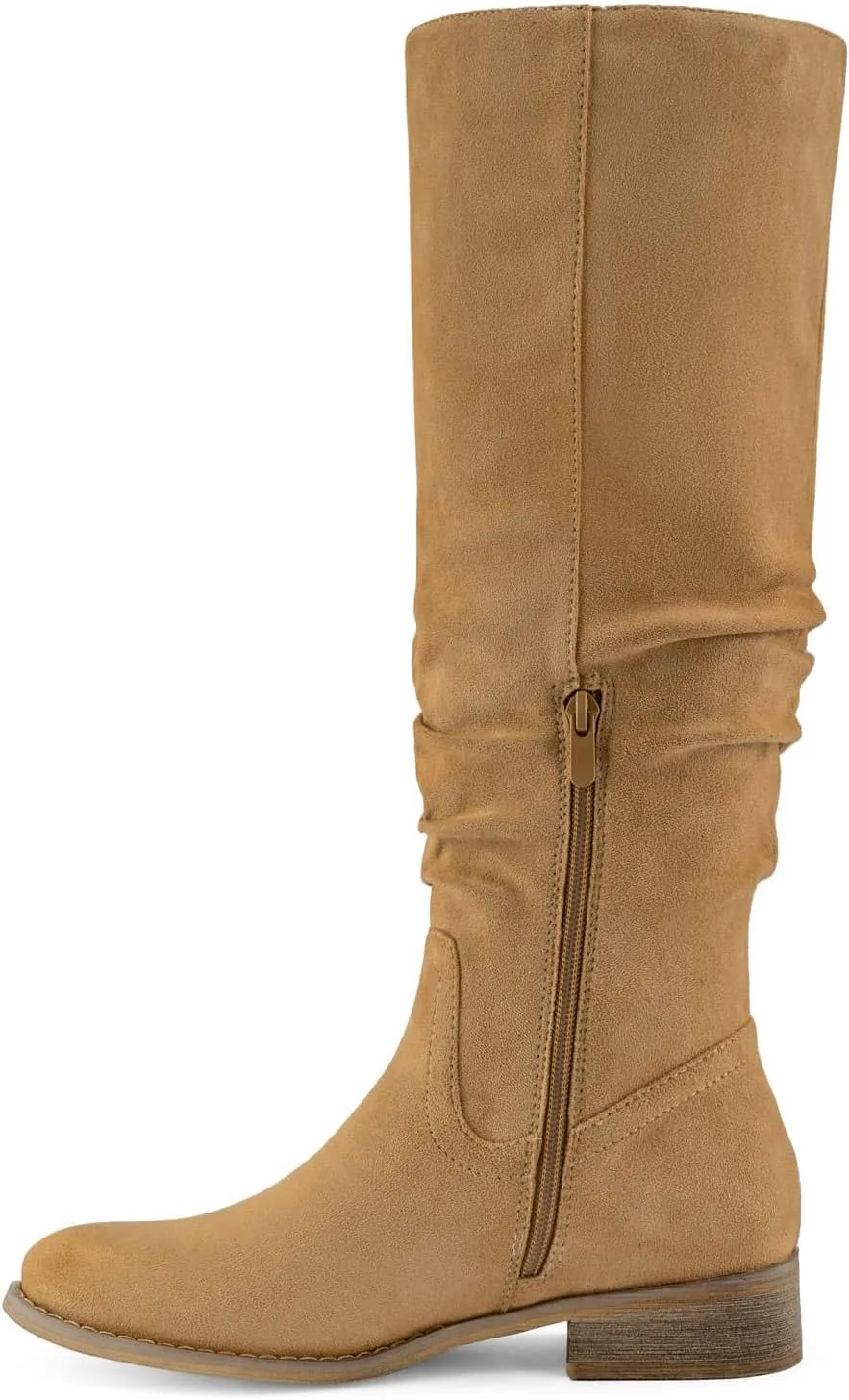 Shoe'N Tale Women's Knee High Boots Flat Low Heel Slouch Pointed Toe Winter Shoes with Side Zipper