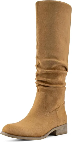 Shoe'N Tale Women's Knee High Boots Flat Low Heel Slouch Pointed Toe Winter Shoes with Side Zipper