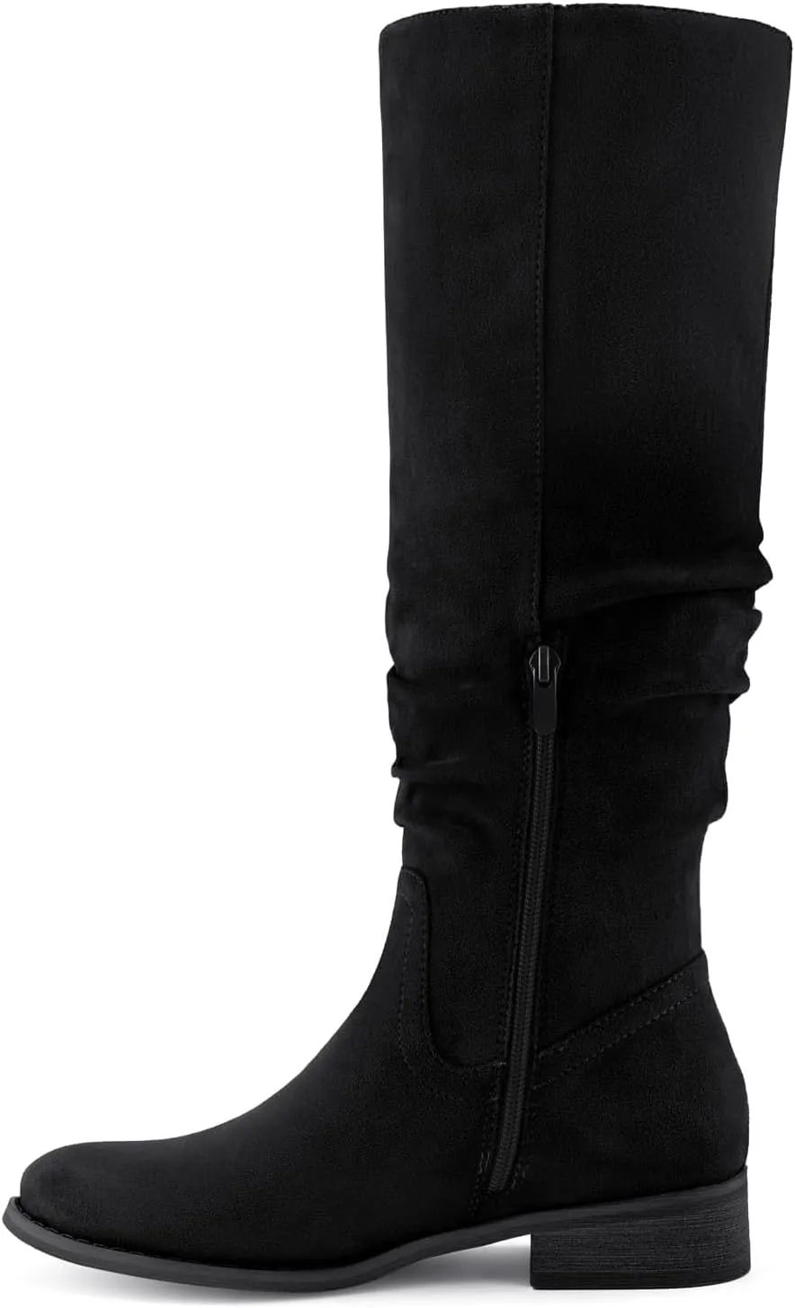 Shoe'N Tale Women's Knee High Boots Flat Low Heel Slouch Pointed Toe Winter Shoes with Side Zipper