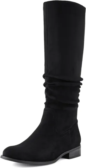 Shoe'N Tale Women's Knee High Boots Flat Low Heel Slouch Pointed Toe Winter Shoes with Side Zipper
