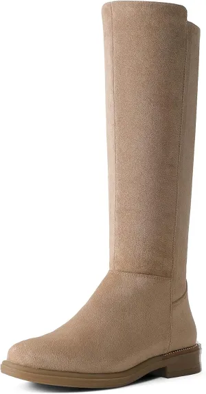 Shoe'N Tale Women's Knee High Boots Flat Low Heel Stretchy Round Toe with Side Zipper