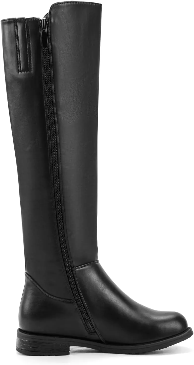 Shoe'N Tale Women's Knee High Boots Flat Low Heel Stretchy Round Toe with Side Zipper