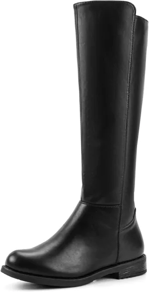 Shoe'N Tale Women's Knee High Boots Flat Low Heel Stretchy Round Toe with Side Zipper