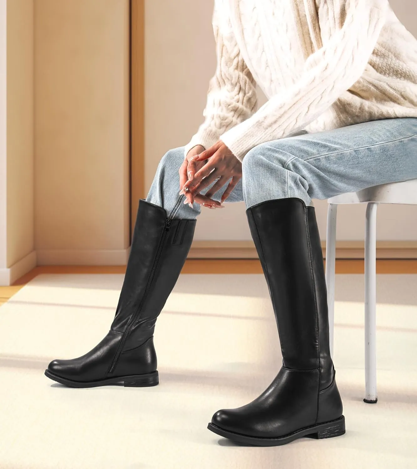 Shoe'N Tale Women's Knee High Boots Flat Low Heel Stretchy Round Toe with Side Zipper