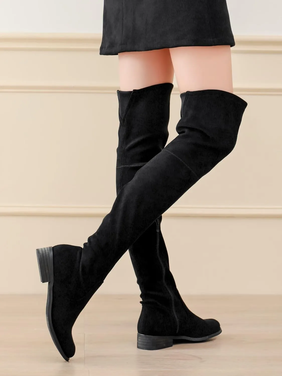 Shoe'N Tale Women's Over The Knee Boots Thigh High Low Block Heel Pointed Toe Long Stretch Boots