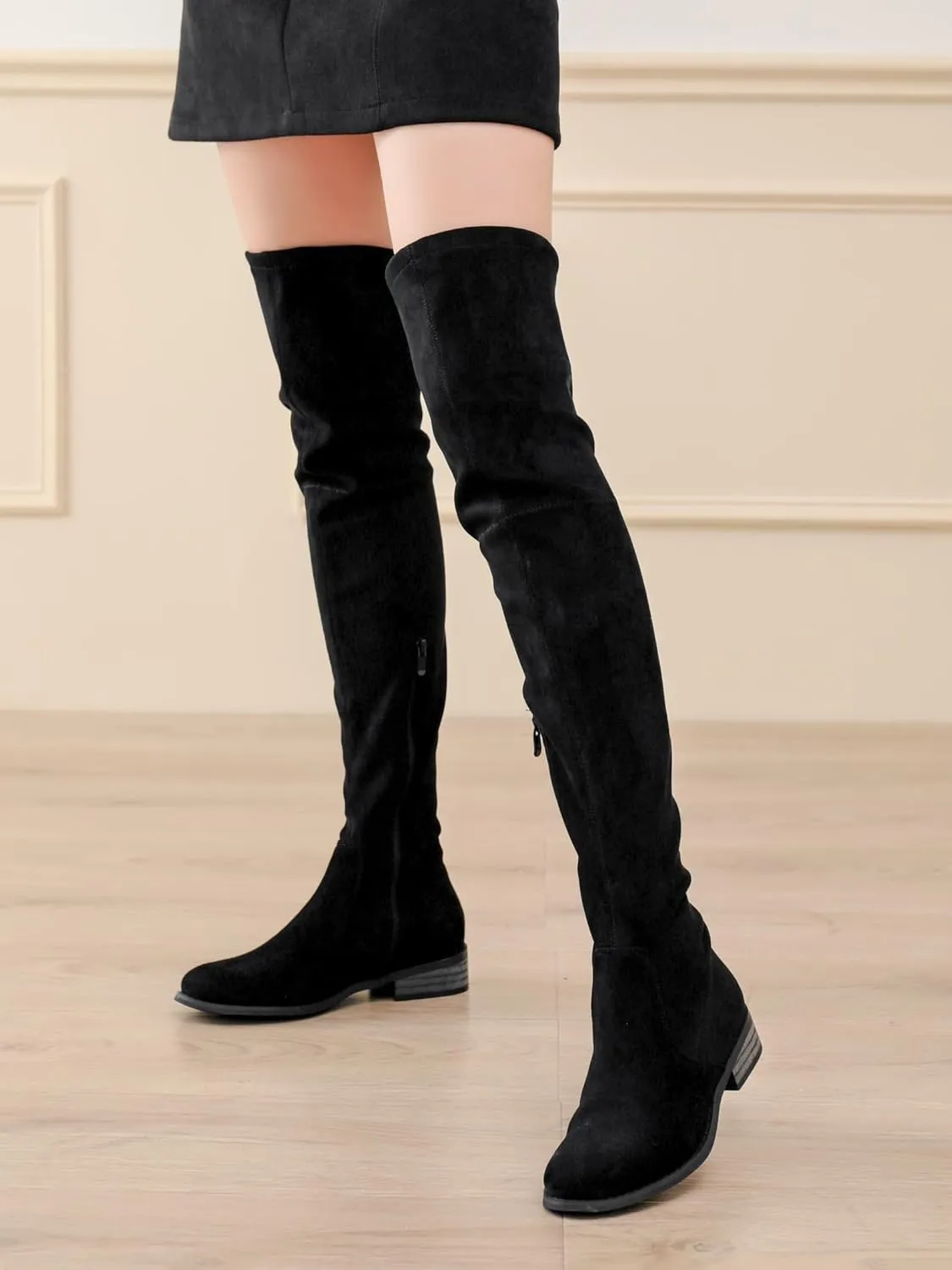 Shoe'N Tale Women's Over The Knee Boots Thigh High Low Block Heel Pointed Toe Long Stretch Boots