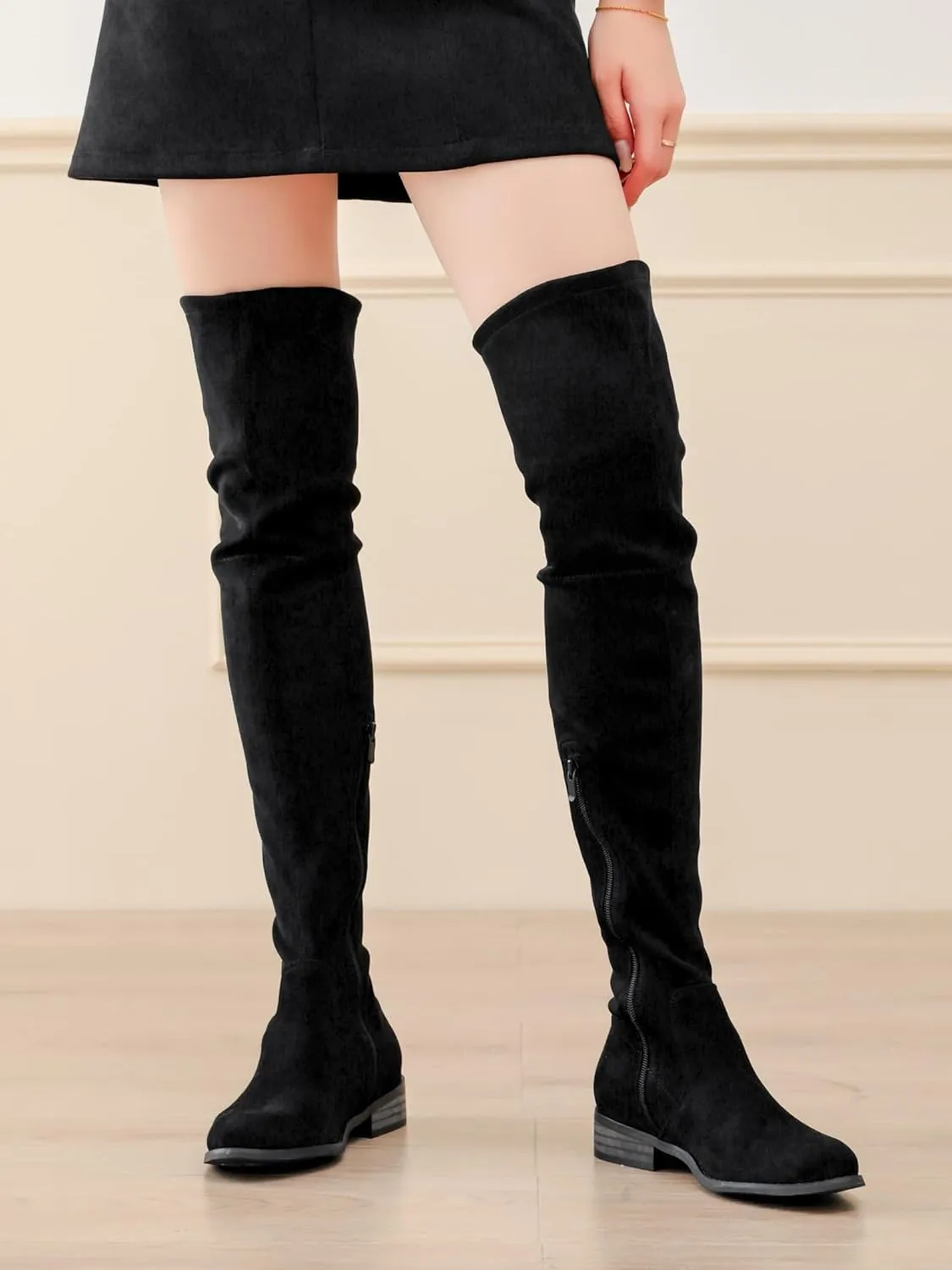 Shoe'N Tale Women's Over The Knee Boots Thigh High Low Block Heel Pointed Toe Long Stretch Boots