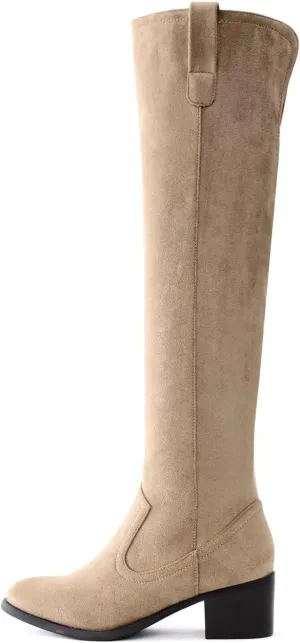 Shoe'N Tale Women's Over The Knee Thigh High Chunky Heel Pointed Toe Faux Suede Side Zipper Fall Weather Winter Boots