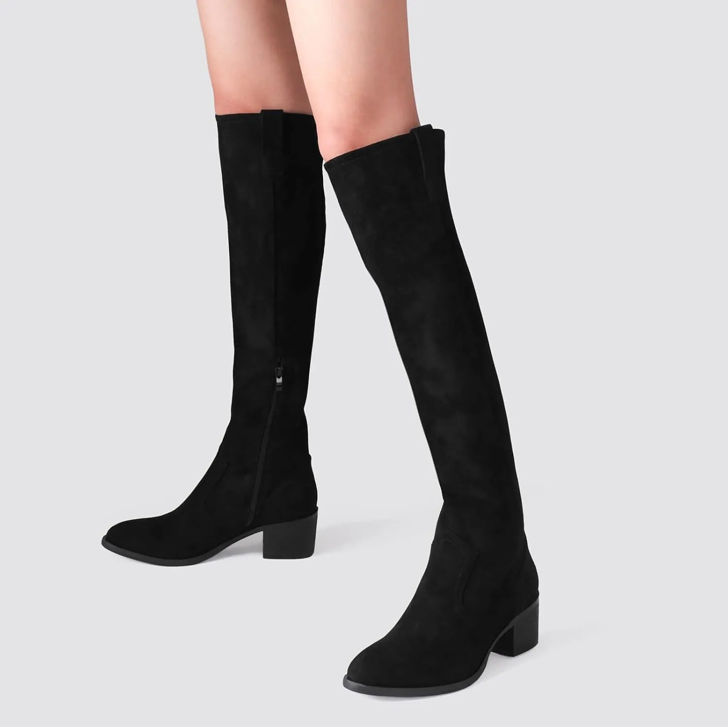 Shoe'N Tale Women's Over The Knee Thigh High Chunky Heel Pointed Toe Faux Suede Side Zipper Fall Weather Winter Boots