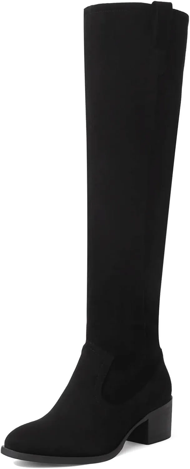 Shoe'N Tale Women's Over The Knee Thigh High Chunky Heel Pointed Toe Faux Suede Side Zipper Fall Weather Winter Boots