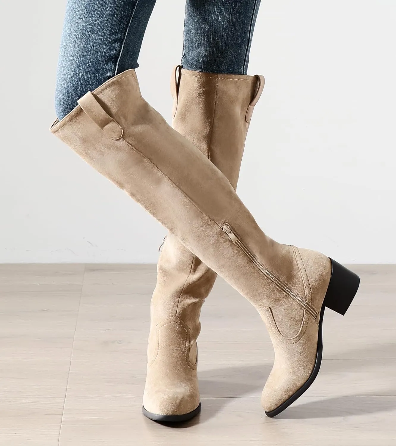 Shoe'N Tale Women's Over The Knee Thigh High Chunky Heel Pointed Toe Faux Suede Side Zipper Fall Weather Winter Boots