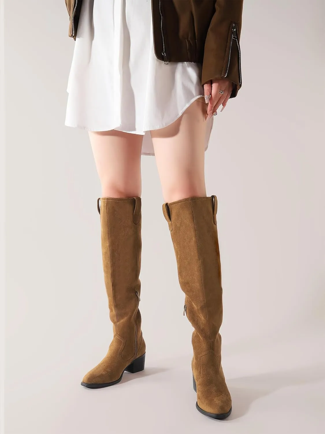 Shoe'N Tale Women's Over The Knee Thigh High Chunky Heel Pointed Toe Faux Suede Side Zipper Fall Weather Winter Boots