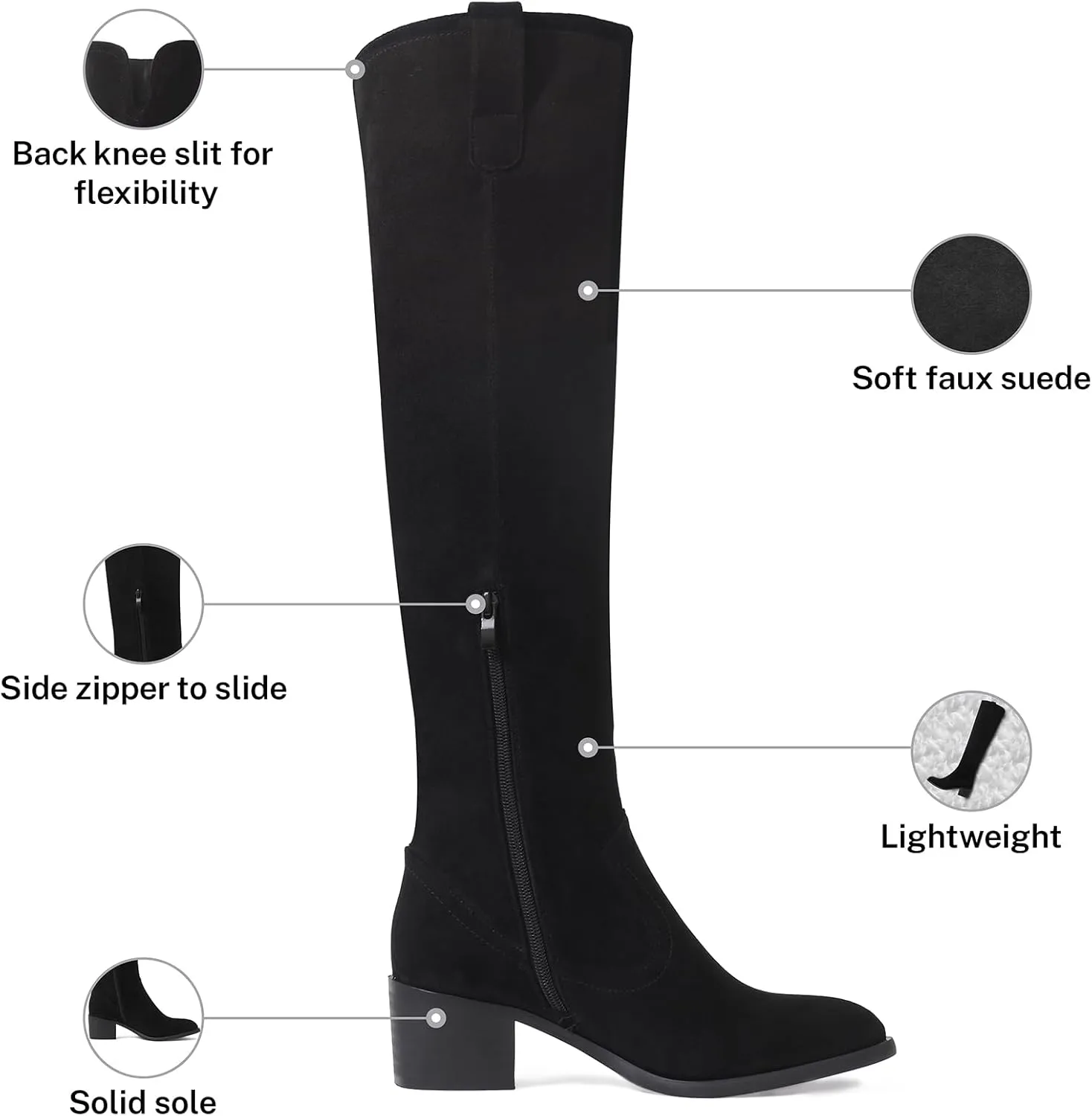 Shoe'N Tale Women's Over The Knee Thigh High Chunky Heel Pointed Toe Faux Suede Side Zipper Fall Weather Winter Boots