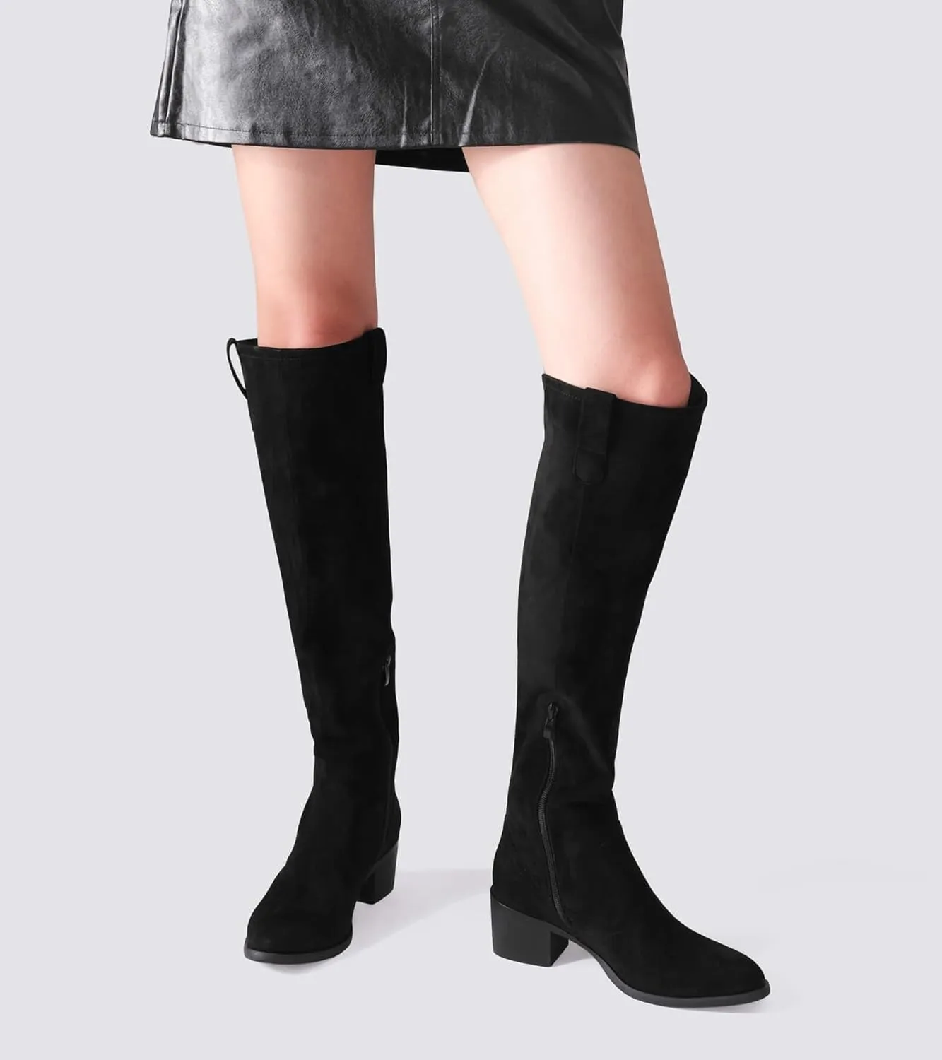 Shoe'N Tale Women's Over The Knee Thigh High Chunky Heel Pointed Toe Faux Suede Side Zipper Fall Weather Winter Boots