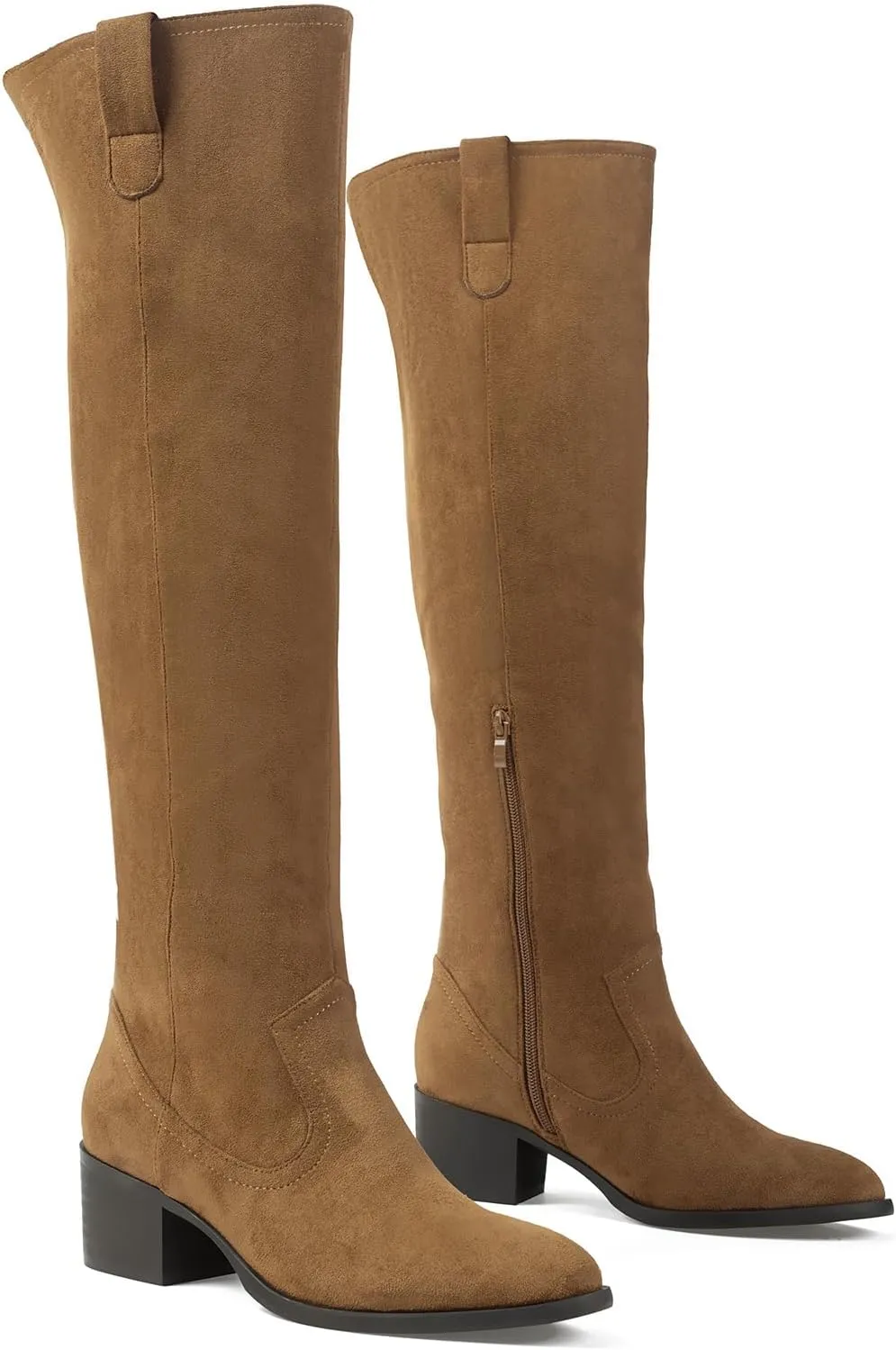 Shoe'N Tale Women's Over The Knee Thigh High Chunky Heel Pointed Toe Faux Suede Side Zipper Fall Weather Winter Boots