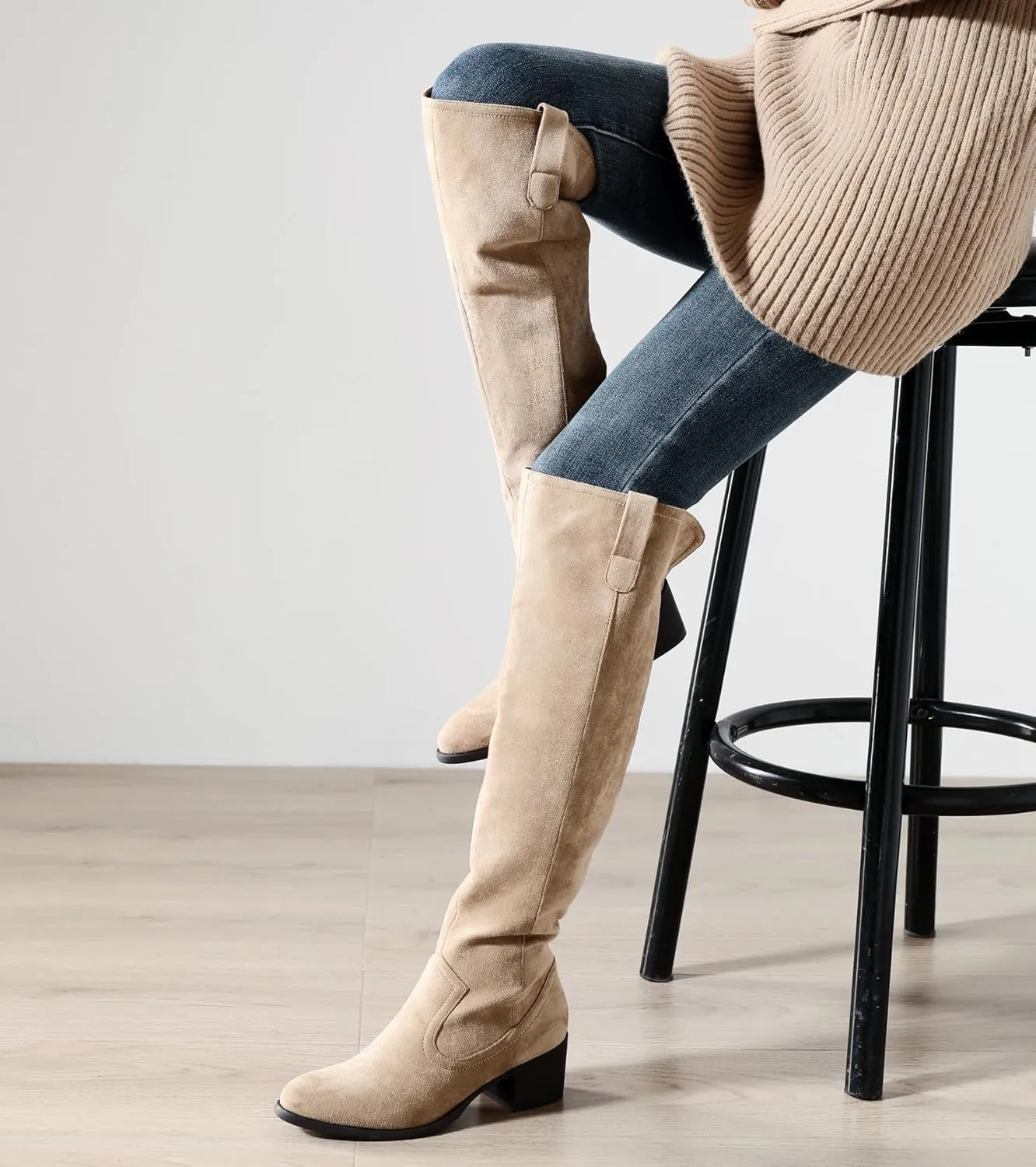 Shoe'N Tale Women's Over The Knee Thigh High Chunky Heel Pointed Toe Faux Suede Side Zipper Fall Weather Winter Boots