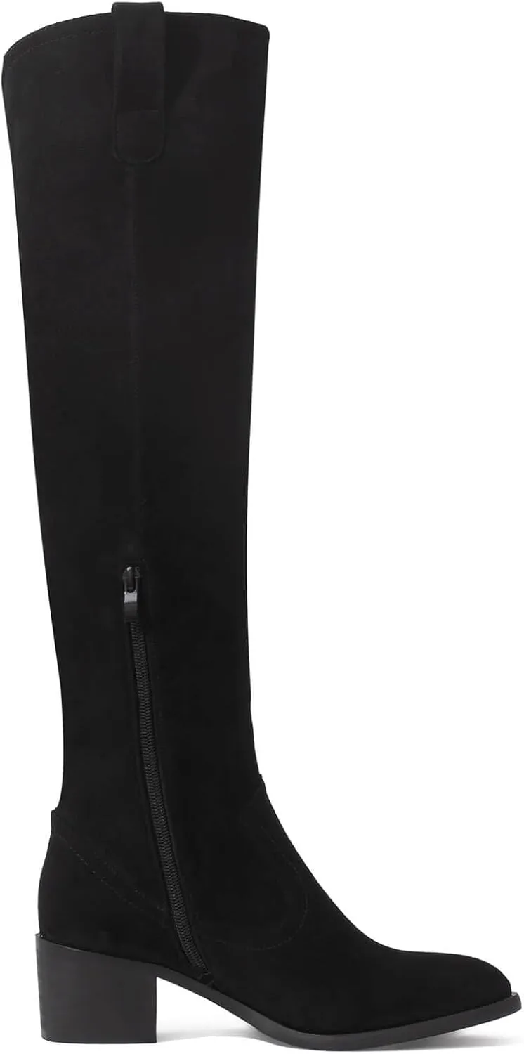 Shoe'N Tale Women's Over The Knee Thigh High Chunky Heel Pointed Toe Faux Suede Side Zipper Fall Weather Winter Boots