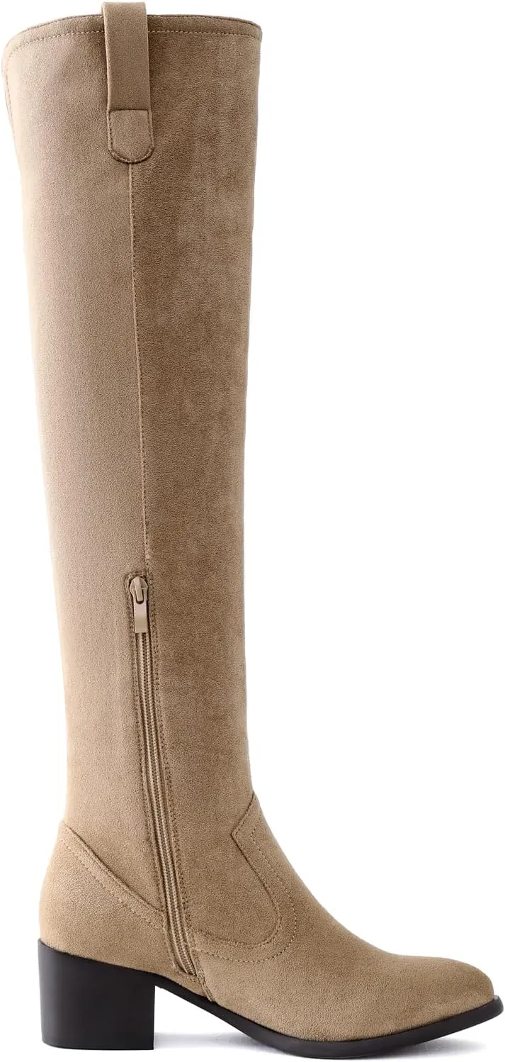 Shoe'N Tale Women's Over The Knee Thigh High Chunky Heel Pointed Toe Faux Suede Side Zipper Fall Weather Winter Boots