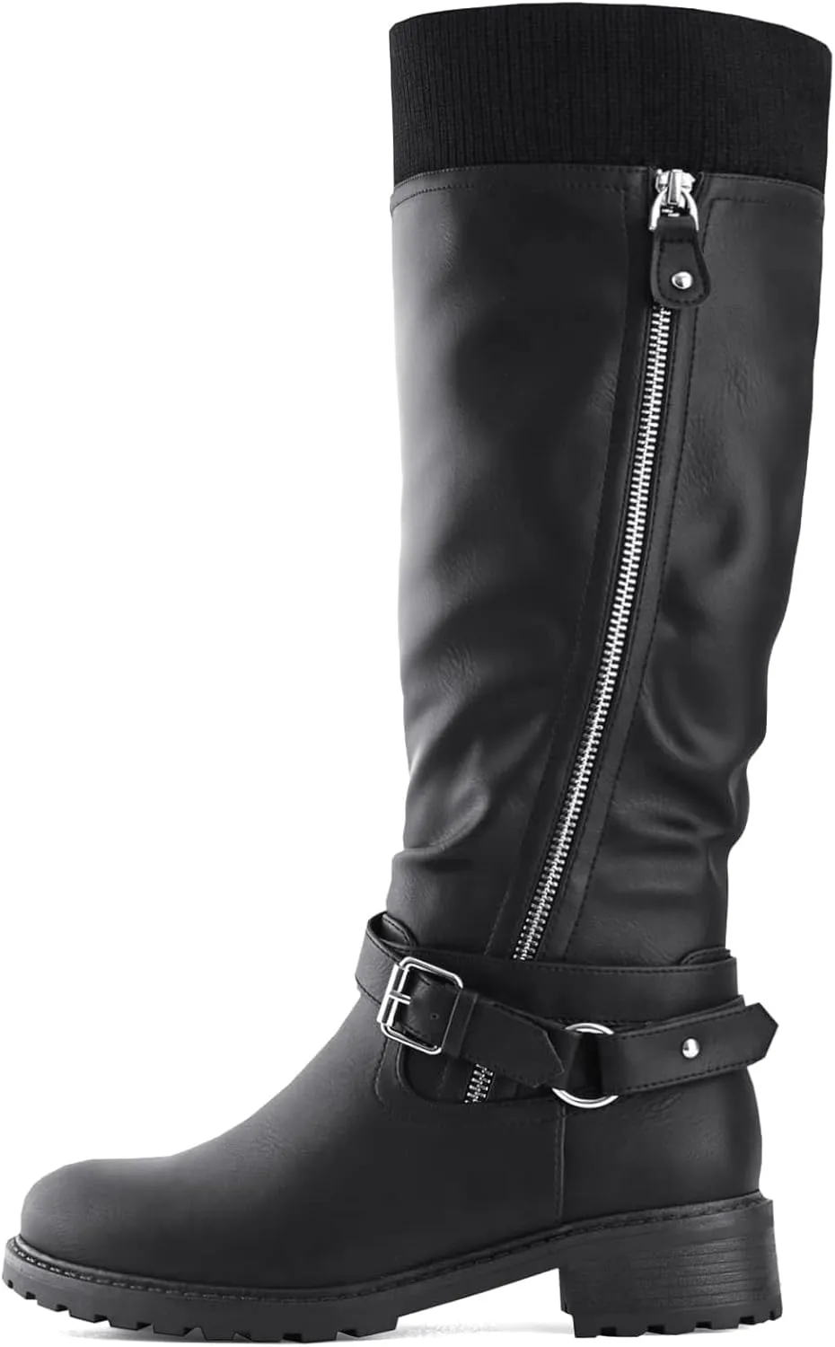 Shoe'N Tale Women's Wide Calf Knee High Boots Stretchy Low Heel Round Toe Winter Boots with Side Zipper