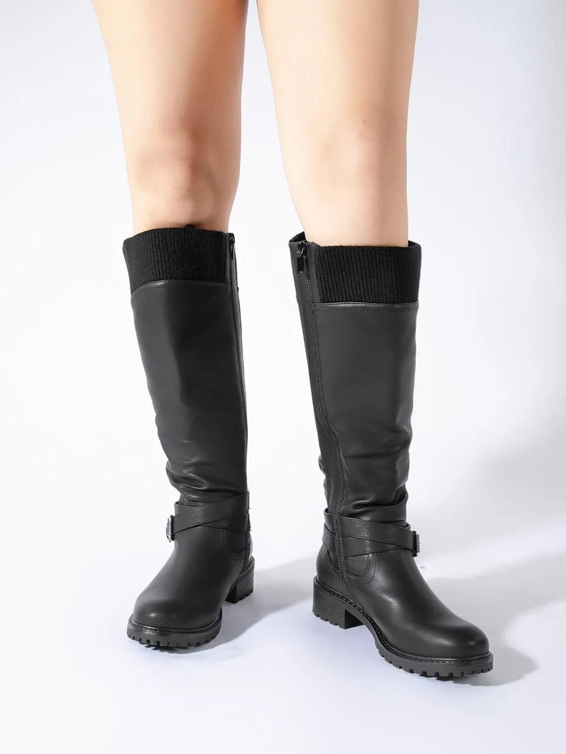 Shoe'N Tale Women's Wide Calf Knee High Boots Stretchy Low Heel Round Toe Winter Boots with Side Zipper
