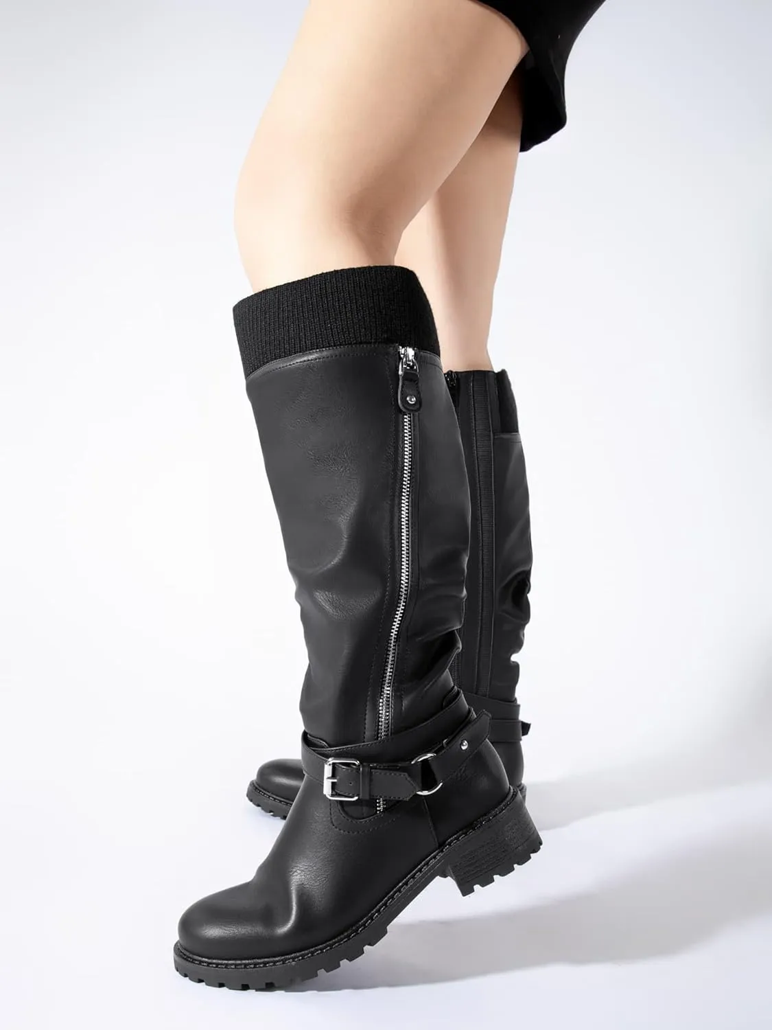 Shoe'N Tale Women's Wide Calf Knee High Boots Stretchy Low Heel Round Toe Winter Boots with Side Zipper