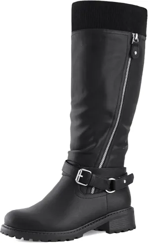 Shoe'N Tale Women's Wide Calf Knee High Boots Stretchy Low Heel Round Toe Winter Boots with Side Zipper
