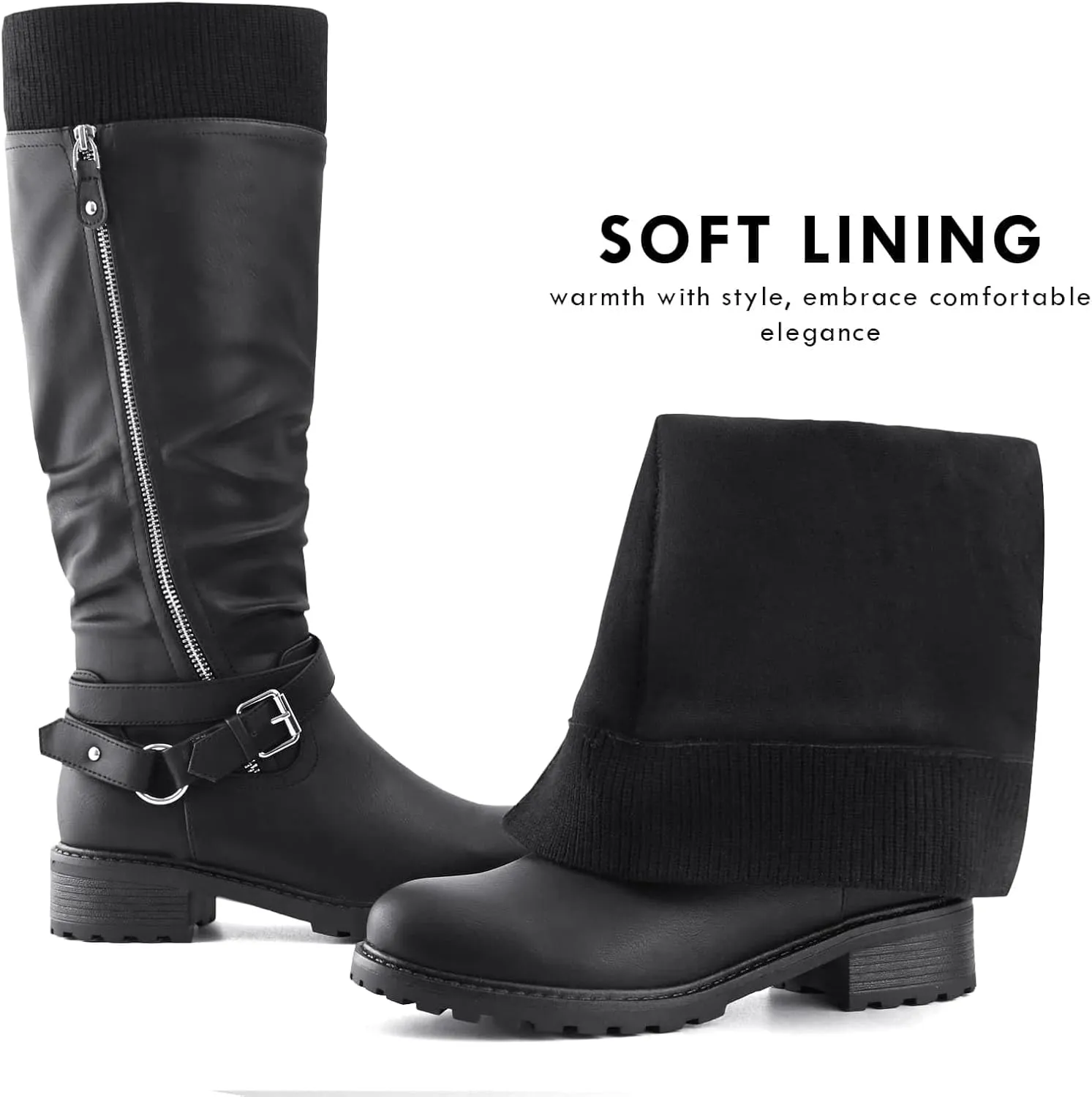 Shoe'N Tale Women's Wide Calf Knee High Boots Stretchy Low Heel Round Toe Winter Boots with Side Zipper
