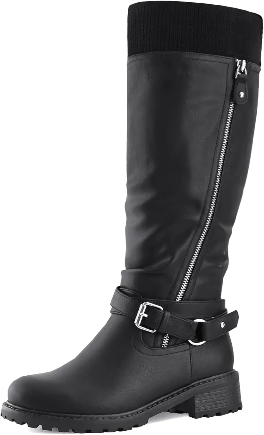 Shoe'N Tale Women's Wide Calf Knee High Boots Stretchy Low Heel Round Toe Winter Boots with Side Zipper
