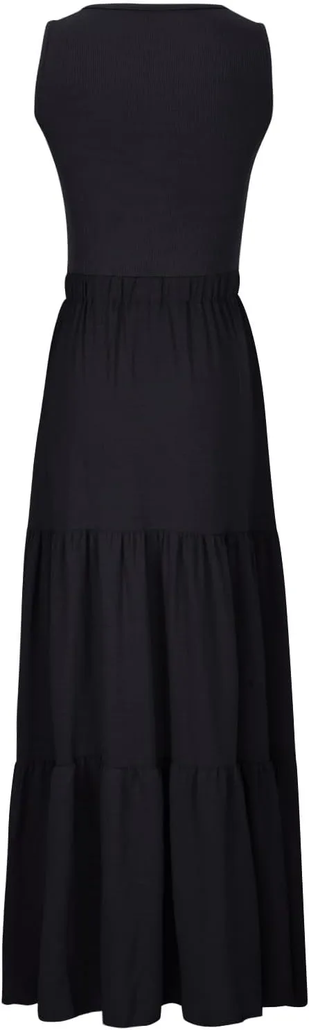 Skirts for Women Summer Patchwork Stripe Pleated Dress Round Neck Sleeveless A-line Skirt Party Wedding Maxi
