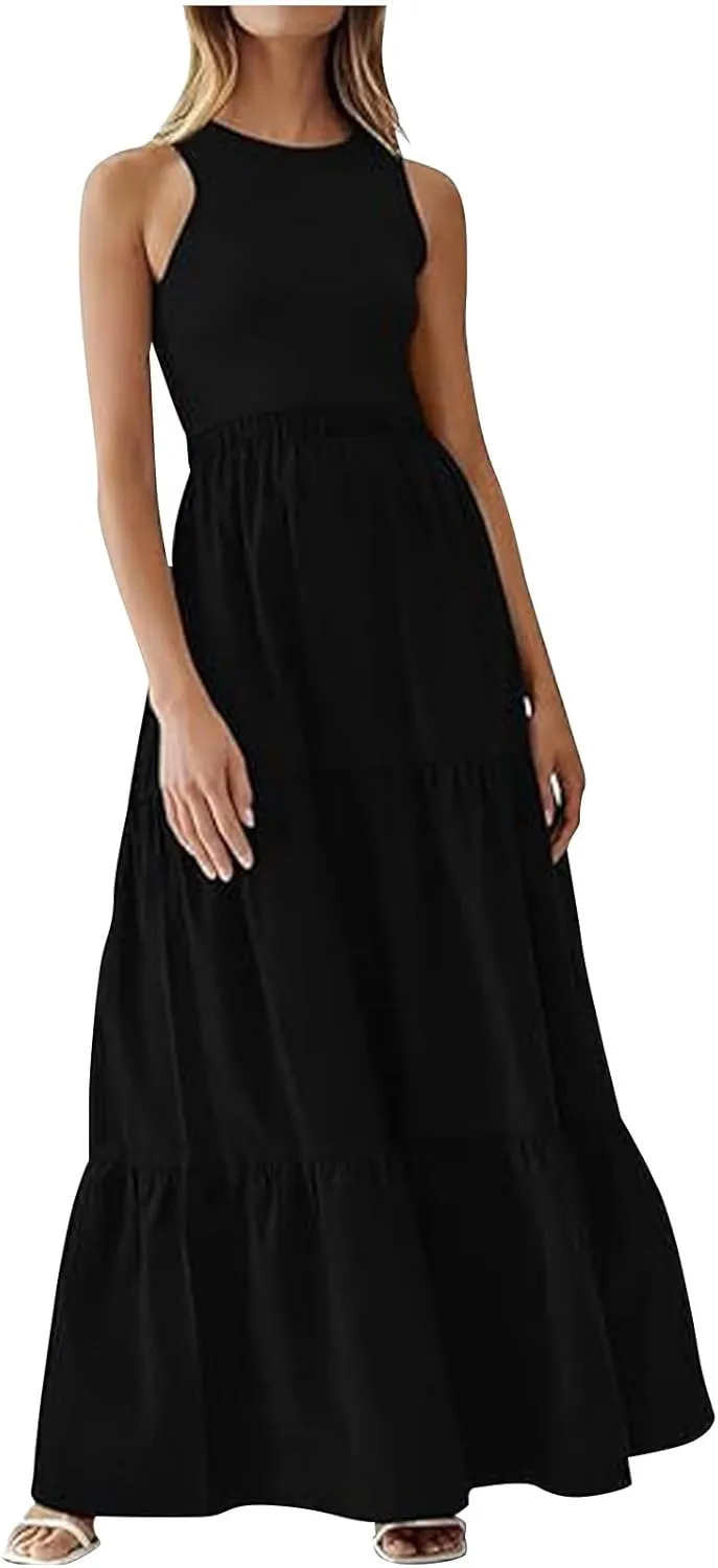 Skirts for Women Summer Patchwork Stripe Pleated Dress Round Neck Sleeveless A-line Skirt Party Wedding Maxi