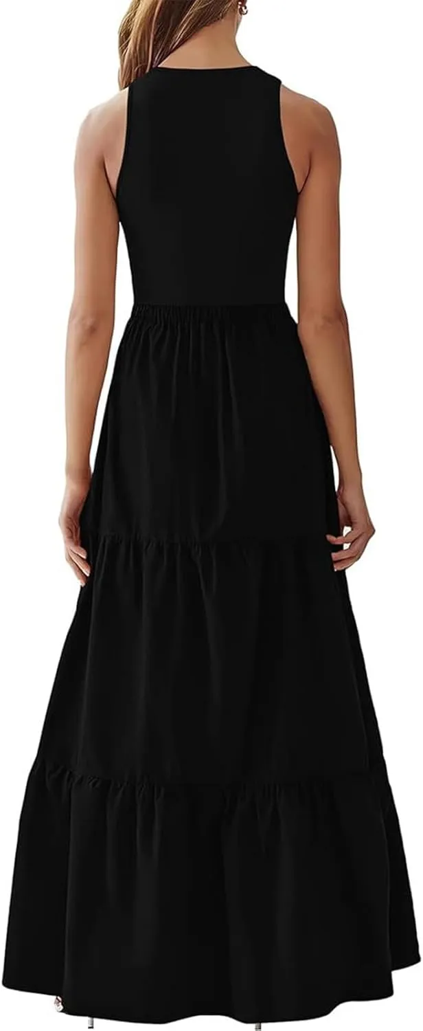 Skirts for Women Summer Patchwork Stripe Pleated Dress Round Neck Sleeveless A-line Skirt Party Wedding Maxi