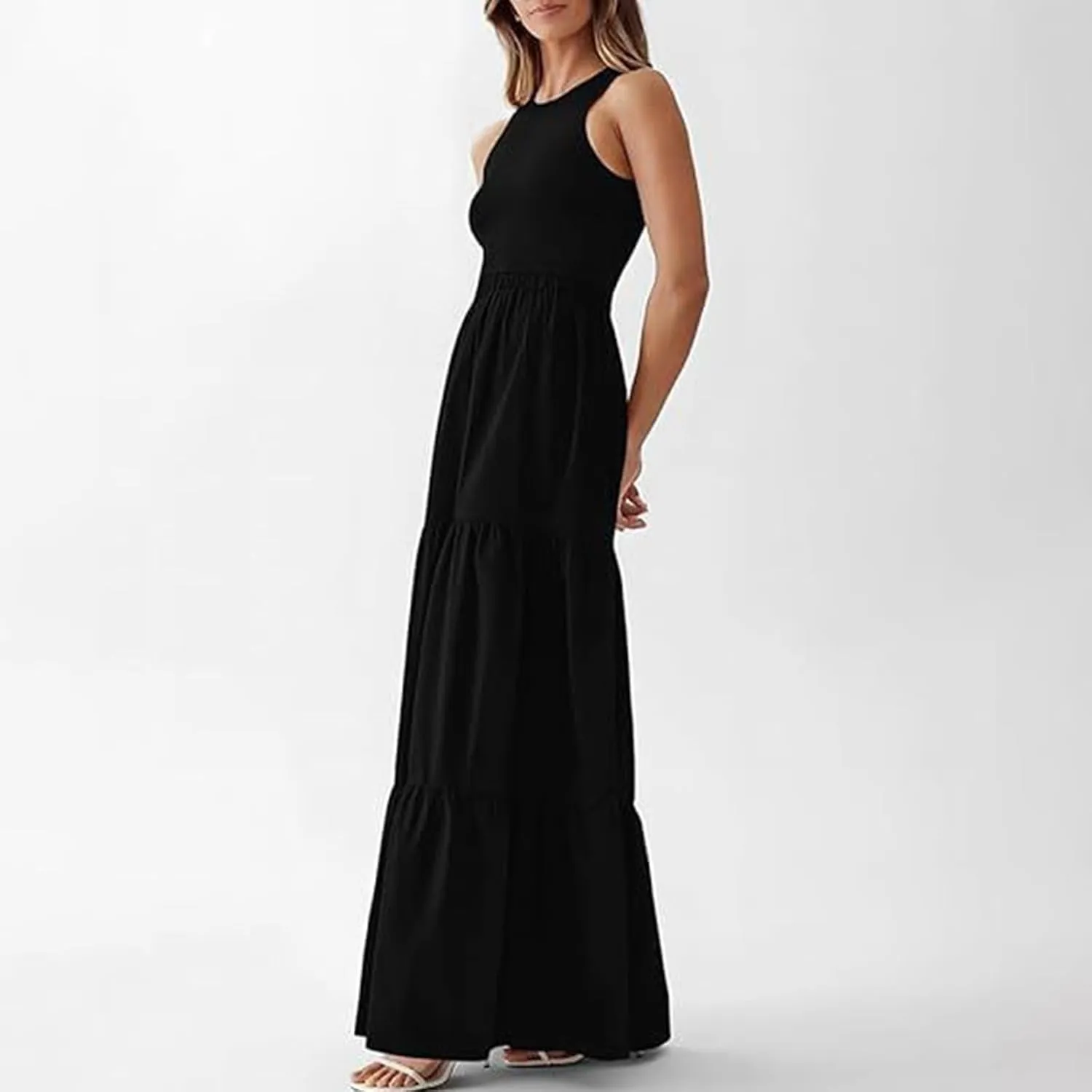 Skirts for Women Summer Patchwork Stripe Pleated Dress Round Neck Sleeveless A-line Skirt Party Wedding Maxi