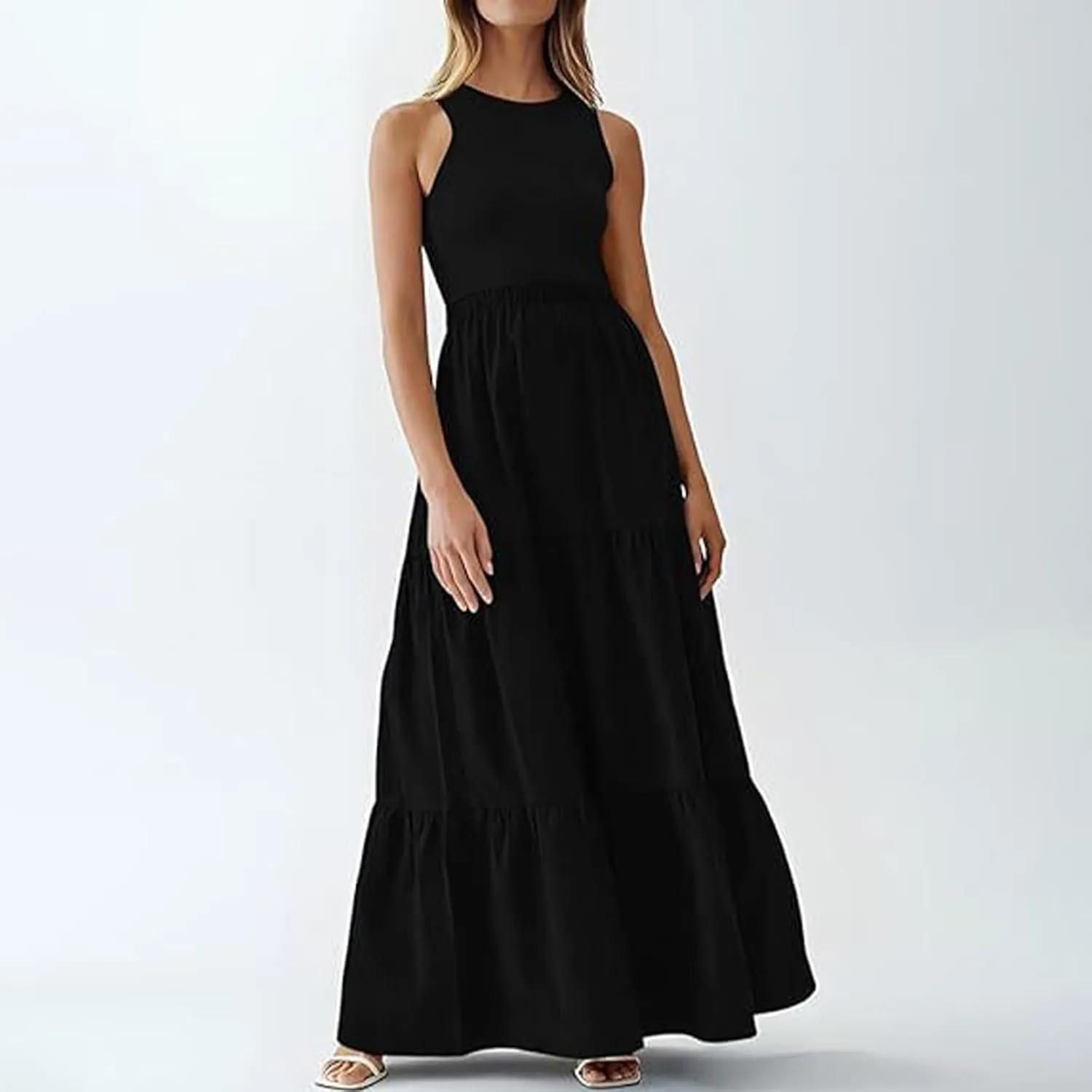 Skirts for Women Summer Patchwork Stripe Pleated Dress Round Neck Sleeveless A-line Skirt Party Wedding Maxi