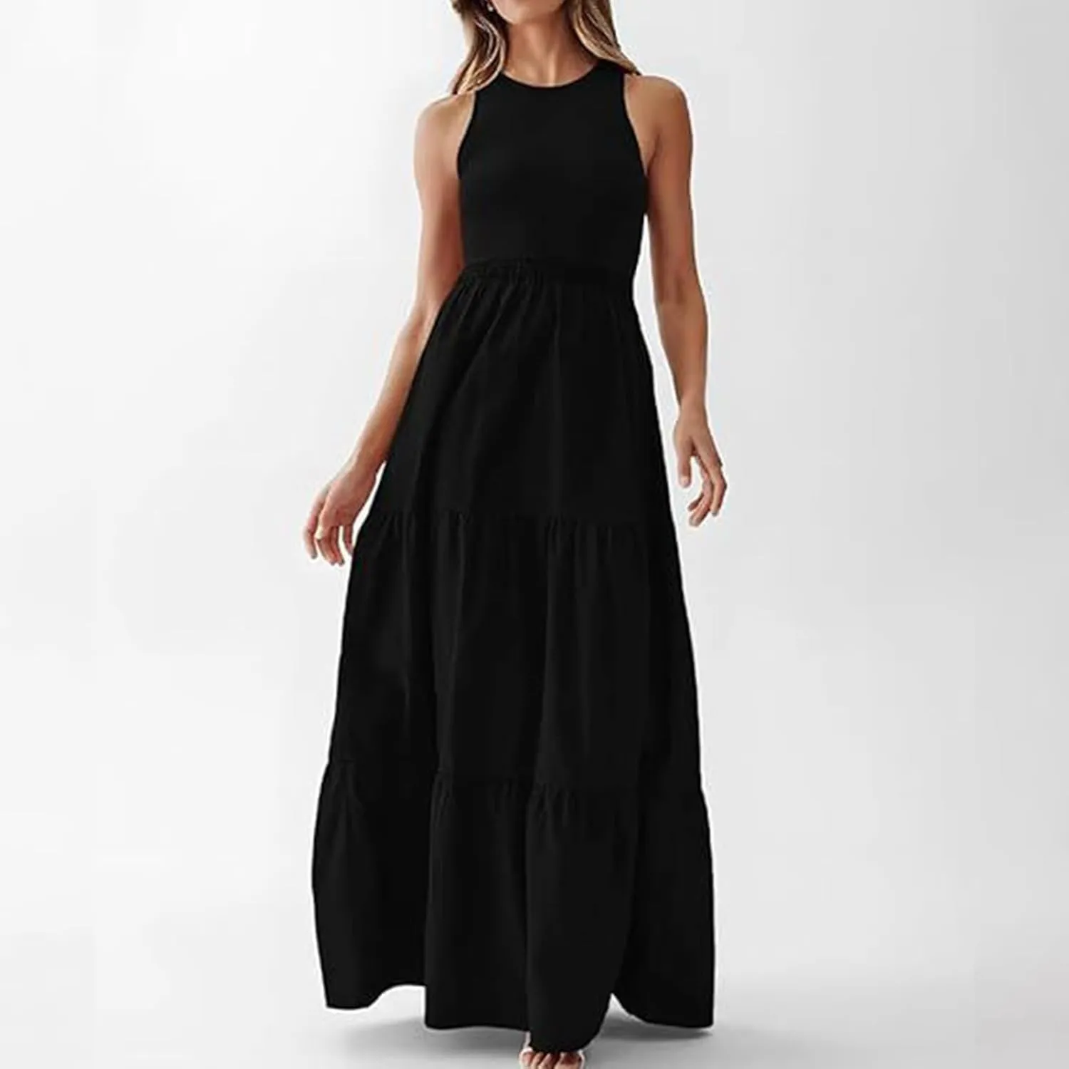 Skirts for Women Summer Patchwork Stripe Pleated Dress Round Neck Sleeveless A-line Skirt Party Wedding Maxi