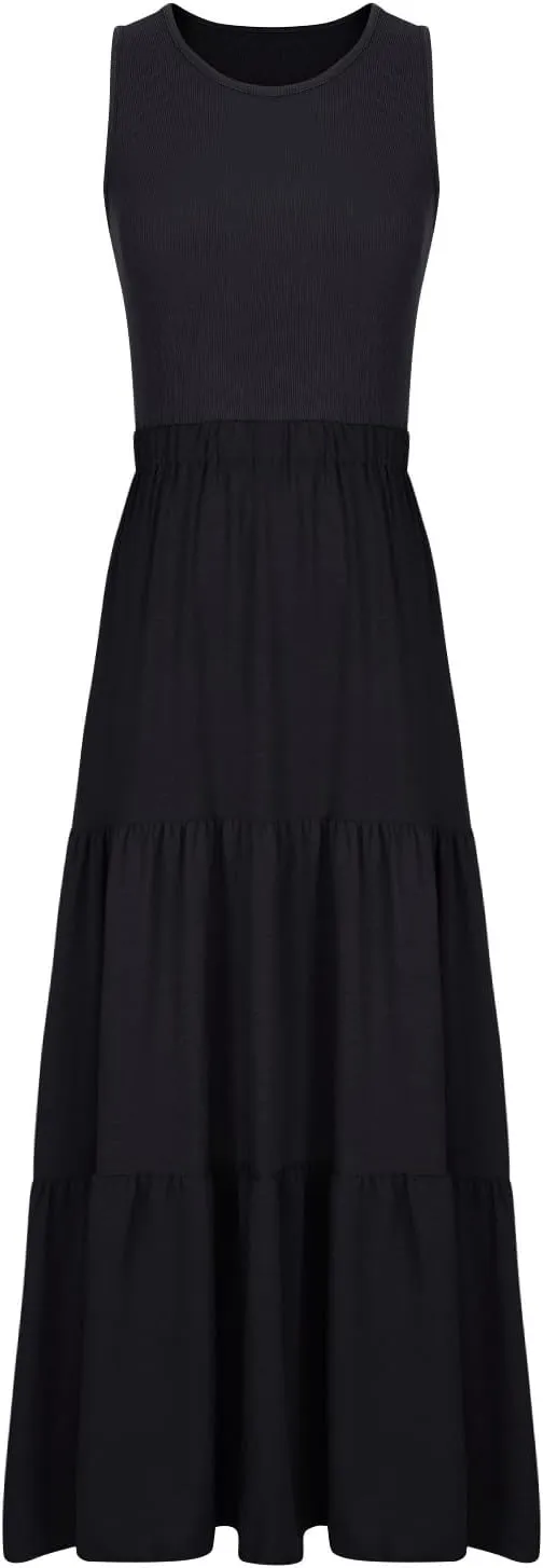 Skirts for Women Summer Patchwork Stripe Pleated Dress Round Neck Sleeveless A-line Skirt Party Wedding Maxi